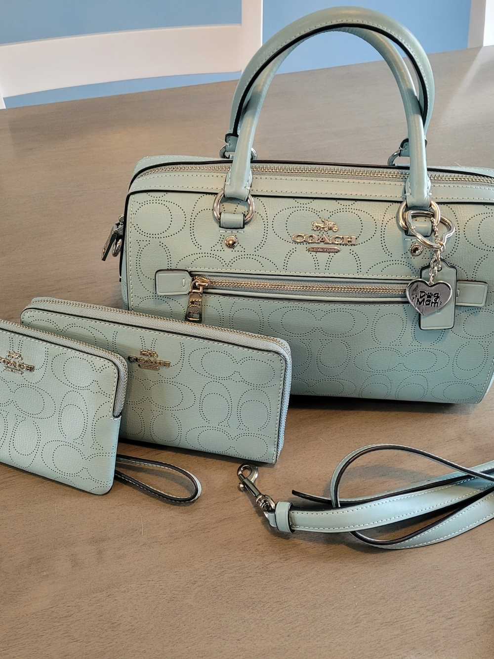 Coach Mint Green Perforated Leather Satchel with Wristlet & Wallet